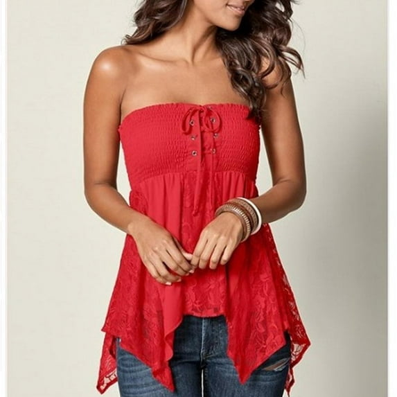 New Women's Sexy Lace Up Shirt Tube Top Lace Patchwork Blouses Solid Color Sleeveless Tops
