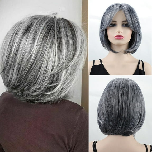 New Women's Short Straight Bob Wig with Curtain Bangs Gray Synthetic Hairpiece