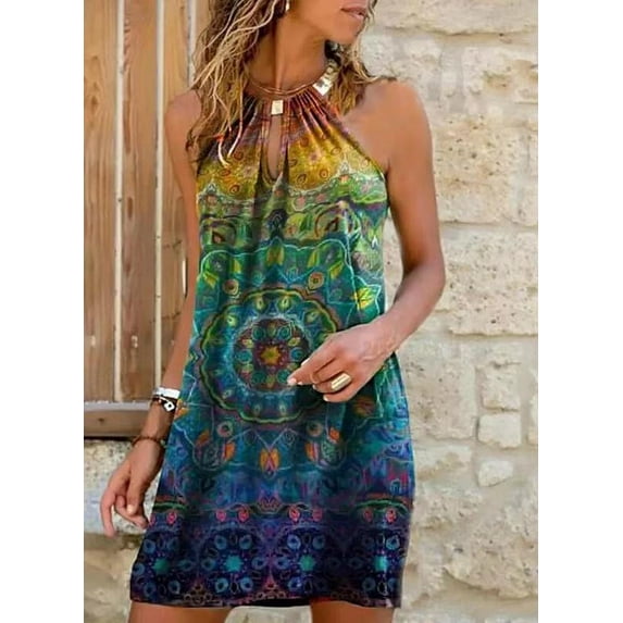 New Women's Sleeveless Dress Sexy Halter Neck Floral Skirt Print Flower Short Dress Plus Size Maxi Dress