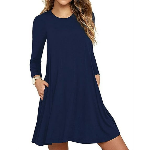 New Women's Solid Color A Line Dresses Long Sleeve Pocket Mini Crewneck Simplicity Loose Party Dress