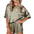thumbnail image 1 of New Women's Solid Color Silk Tracksuit Short Sleeve Shorts Irregular Two-piece Suit Silky Pockeet Pajamas, 1 of 2