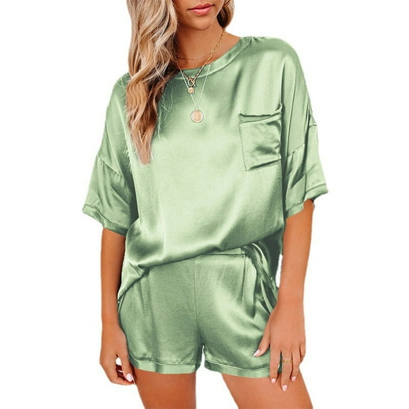 New Women's Solid Color Silk Tracksuit Short Sleeve Shorts Irregular Two-piece Suit Silky Pockeet Pajamas