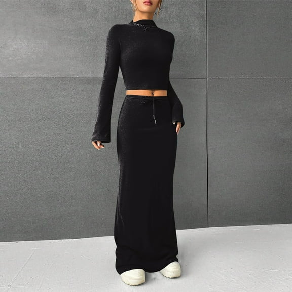 New Women's Solid Color Trousers And Long Sleeves Two Piece Set Work Skirt Semi Formal Dresses with Sleeves Floral Skirt with Slit Skirt Suit Ladies Swimsuit Long Work Skirts for Women Full Sleeve