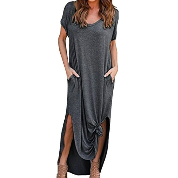 New Women's Summer Casual Long Clothes V Neck Boho Maxi Dress Side Split Dress Loose Pocket Short Sleeve Dress
