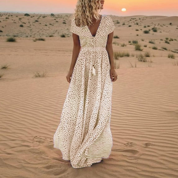 New Women's Summer Deep V Neck Beach Dot Dress Sleeveless Maxi Dress