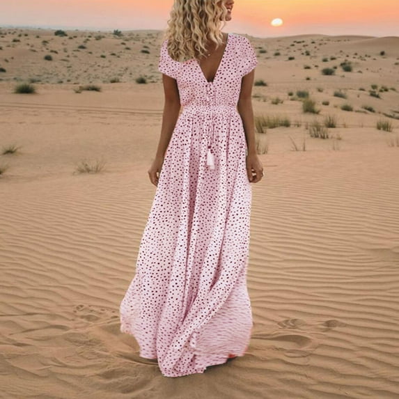 New Women's Summer Deep V Neck Beach Dot Dress Sleeveless Maxi Dress