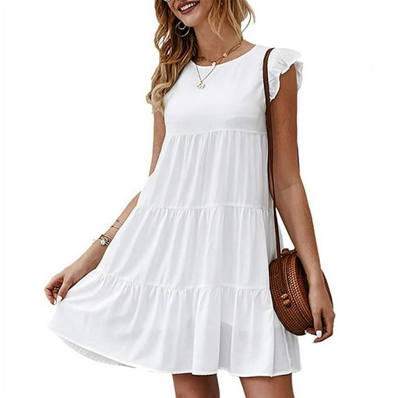 New Women’s Summer Dress Sleeveless Ruffle Sleeve Crewneck Mini Dress Solid Color Loose Fit Short Flowy Pleated Dress