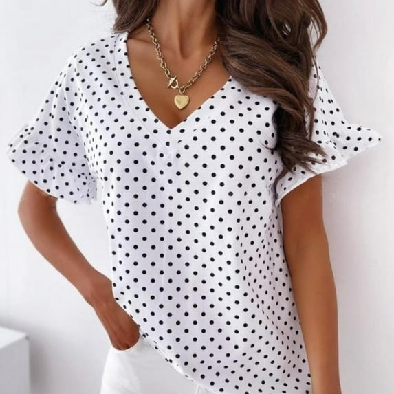 New Women's Summer Loose V Neck Pullover Tops Dot Printed Ruffle Sleeve Casual Tops