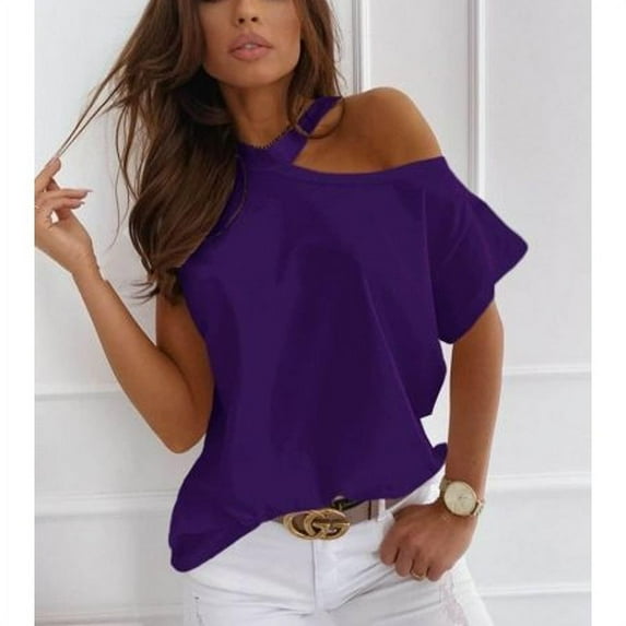 New Women's Summer Solid Color T Shirt Sexy Off Shoulders Crewneck Short Sleeved Street Casual Tops