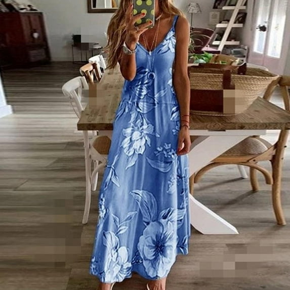 New Women's Sunflower Dress Floral Print Casual V Neck Strap Dress Sling Beach Boho Style Sukienka Plus Size Maxi Dress