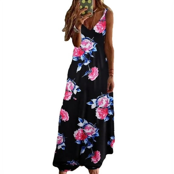 New Women's Sunflower Dress Floral Print Casual V Neck Strap Dress Sling Beach Boho Style Sukienka Plus Size Maxi Dress