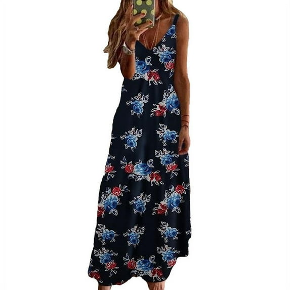 New Women's Sunflower Dress Floral Print Casual V Neck Strap Dress Sling Beach Boho Style Sukienka Plus Size Maxi Dress