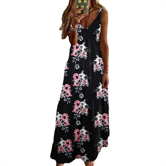 New Women's Sunflower Dress Floral Print Casual V Neck Strap Dress Sling Beach Boho Style Sukienka Plus Size Maxi Dress