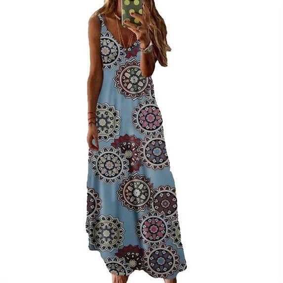 New Women's Sunflower Dress Floral Print Casual V Neck Strap Dress Sling Beach Boho Style Sukienka Plus Size Maxi Dress