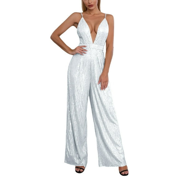New Women's Suspender Jumpsuit with Sequined Trousers - High Waist, Wide Leg, Casual Party Outfit