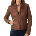 thumbnail image 1 of New Women's Tan Lambskin Leather Jacket Stylish Slim Fit Motorcycle Jacket W532, 1 of 3