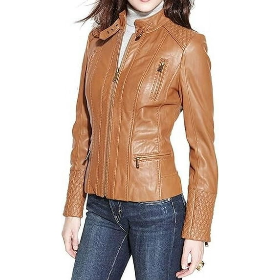 New Women's Tan Lambskin Leather Jacket Stylish Slim Fit Motorcycle Jacket W673
