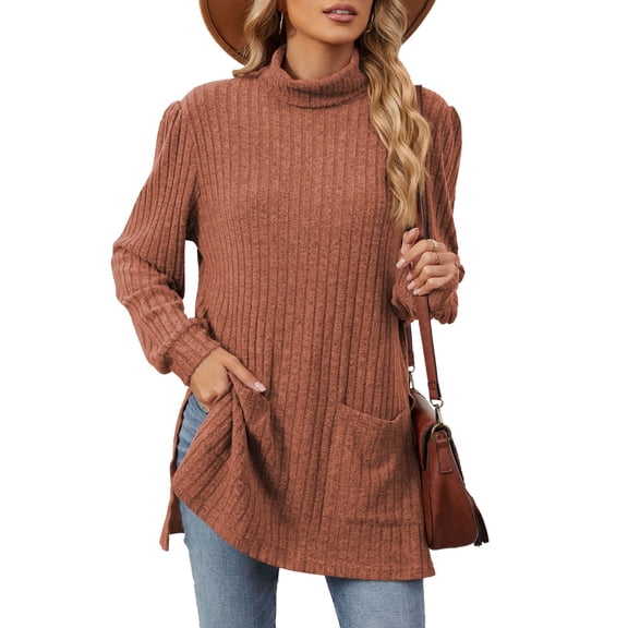 New Women's Turtle Neck Tunic Tops Hem Shirts Sweaters Ribbed Knit Side Split Pullover Tops with Pockets