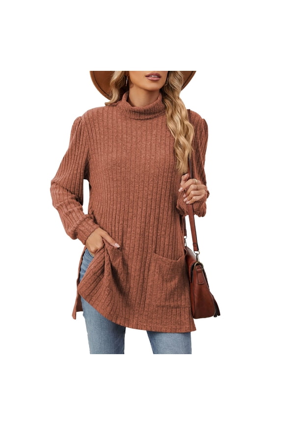 New Women's Turtle Neck Tunic Tops Hem Shirts Sweaters Ribbed Knit Side Split Pullover Tops with Pockets