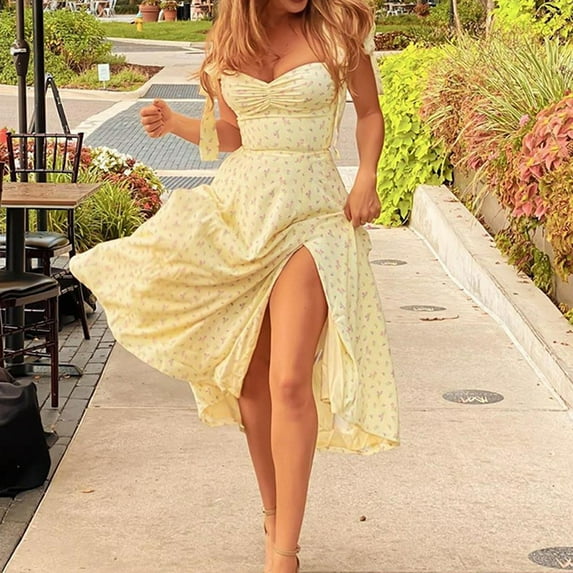 New Women's Vintage Dress Cottagecore Sexy Deep Scissor Collar Fashion Lace Up Straps Floral Backless Split Midi Sundress