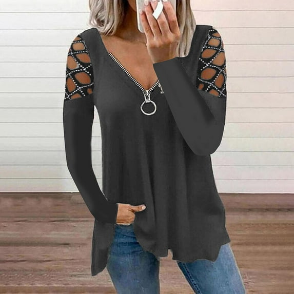 New Women's Zipper V Neck Long Sleeve Blouse Sexy Casual Loose Hollow Out Solid Color Shirt Top