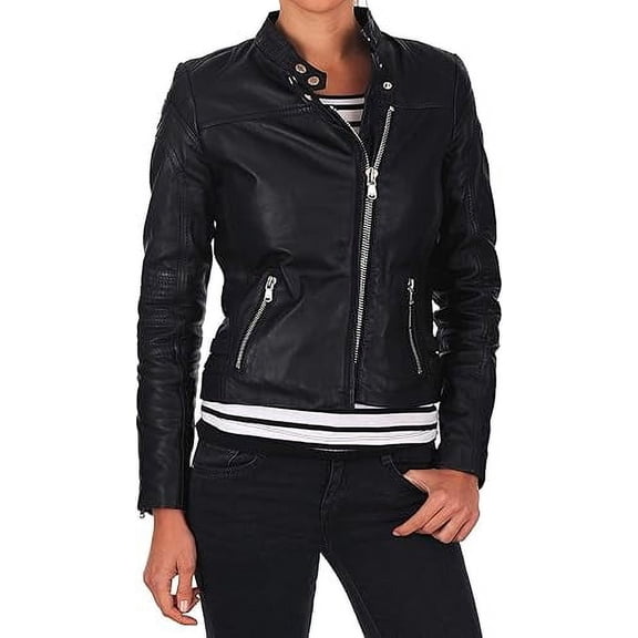 New Womens Genuine Black Lambskin Leather Jacket Biker Stylish Motorcycle Soft Jacket W587