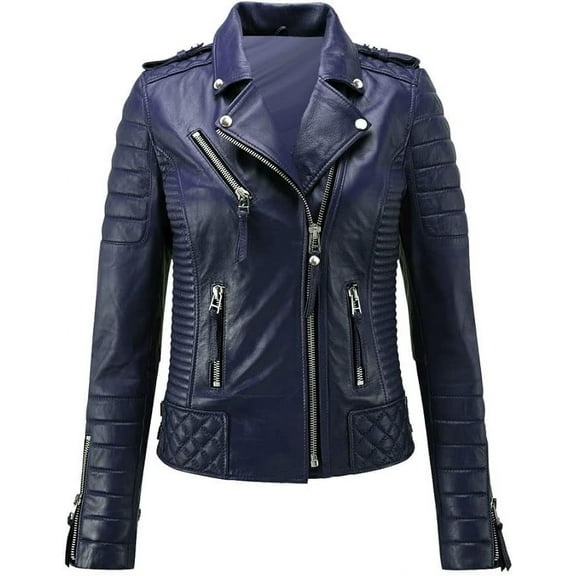 New Womens Genuine Lambskin Blue Quilted Leather Jacket Biker Stylish Motorcycle Soft Jacket W173