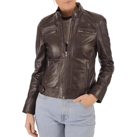 New Womens Genuine Lambskin Brown Leather Jacket Biker Stylish Motorcycle Soft Jacket W136