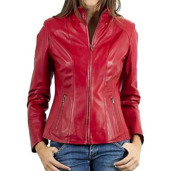 New Womens Genuine Red Lambskin Leather Jacket Biker Stylish Motorcycle Soft Jacket W723