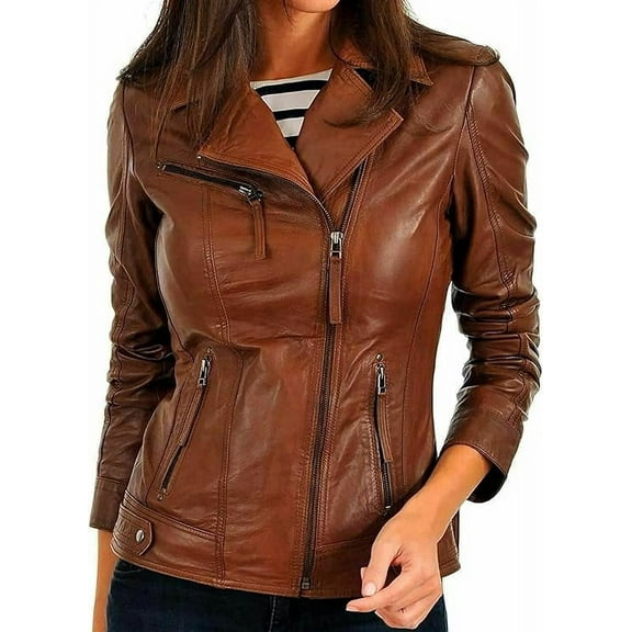 New Womens Genuine Tan Lambskin Leather Jacket Biker Stylish Motorcycle Soft Jacket W421