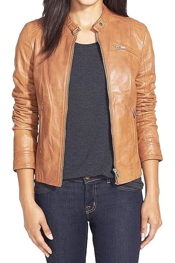 New Womens Genuine Tan Lambskin Leather Jacket Biker Stylish Motorcycle Soft Jacket W647