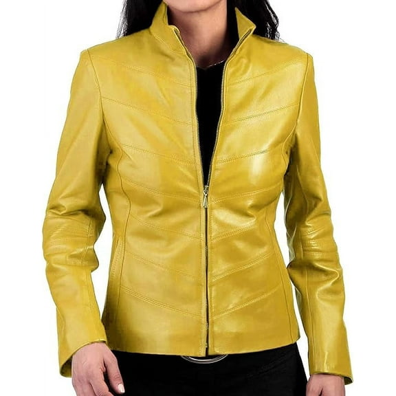 New Womens Genuine Yellow Lambskin Leather Jacket Biker Stylish Motorcycle Soft Jacket W674