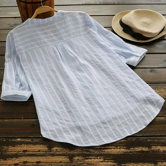 New Womens Summer Striped V Neck Blouses Loose Baggy Tops Tunic T Shirts Plus Size
