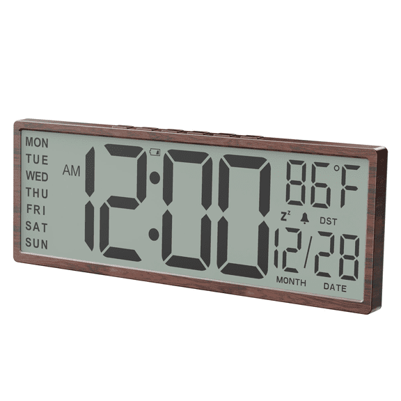 New Wood Grain 15" Digital Wall Clock Battery Operated Large Display with Date and Day of Week, Large Number with Temperature, Auto DST, Alarm, Snooze, 12/24H for Desk Office