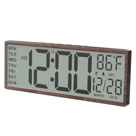 LEIKE 15" Digital Wall Clock Battery Operated Large Display with Date and Temperature, Auto DST, Alarm Clock, Snooze, 12/24H, Wood Grain