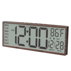 LEIKE 15" Digital Wall Clock Battery Operated Large Display with Date and Temperature, Auto DST, Alarm Clock, Snooze, 12/24H, Wood Grain