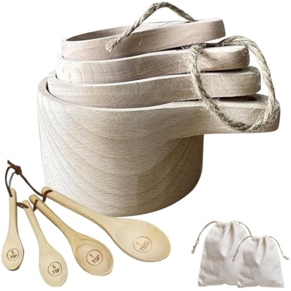 New Wood Measuring Cups with Rope and Bags, 8Pcs Wooden Measuring Cups and Spoons Set for Dry Ingredients, Handcrafted Acacia/Beech Wood Measuring Cup for Baking & Cooking (Beech - Light White)