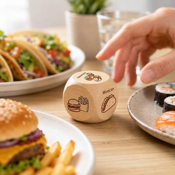 New Wooden Food Dice, Fun Dice Game for Dinner Parties Gatherings, Food Choice Dice for Friends Families