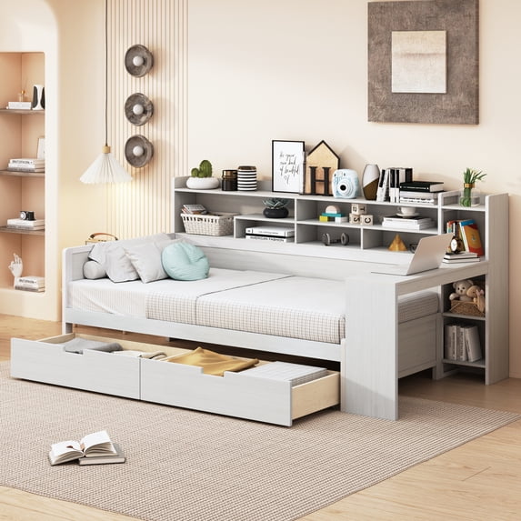 New Wooden Twin Size Daybed with Storage Shelves, Multi-functional Bed with Two Storage Drawers and Study Desk, Antique White