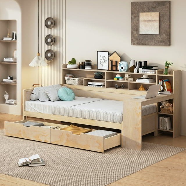 New Wooden Twin Size Daybed with Storage Shelves, Multi-functional Bed with Two Storage Drawers and Study Desk, Natural (Old SKU: HL000189AAM)