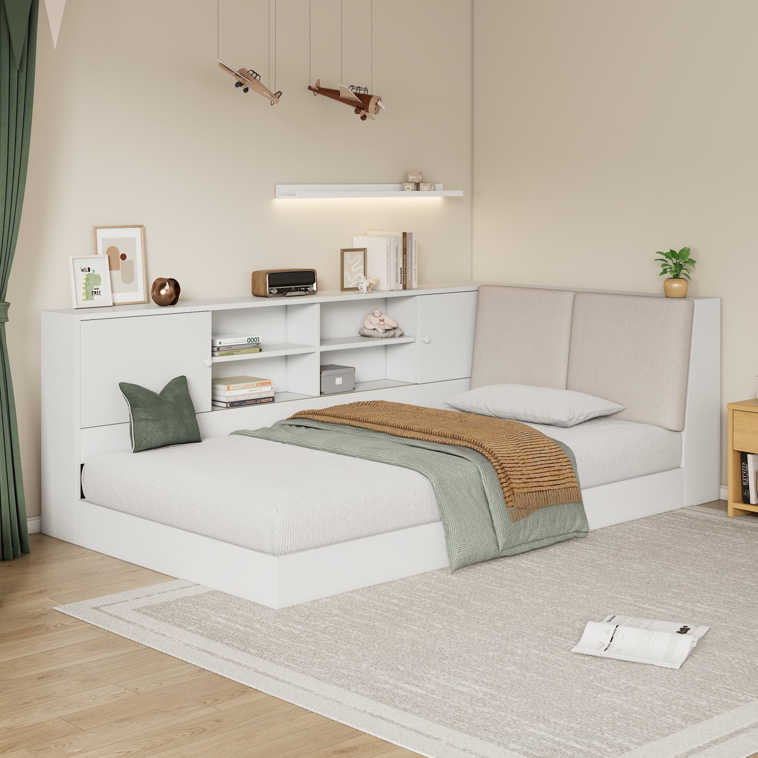 White Twin Pine Wood Daybed with Upholstered Headboard and Storage