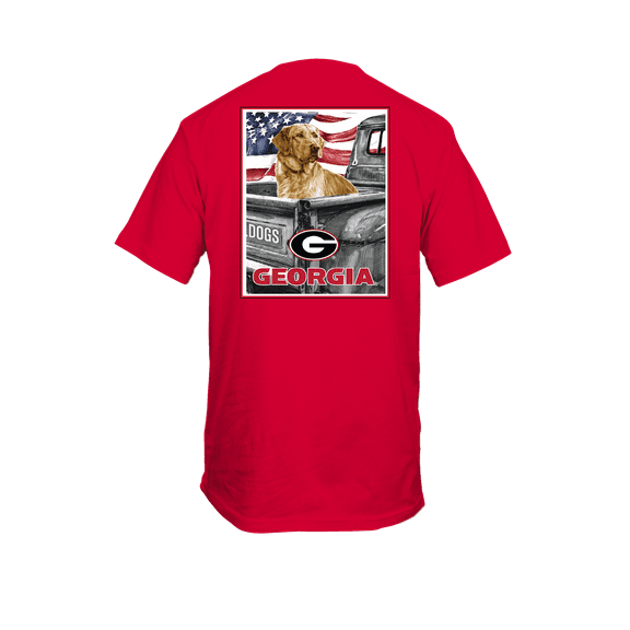 New World Graphics Georgia UGA Bulldogs American Flag And Truck Bed With A Lab Red Comfort Colors Graphic T-Shirt-Large