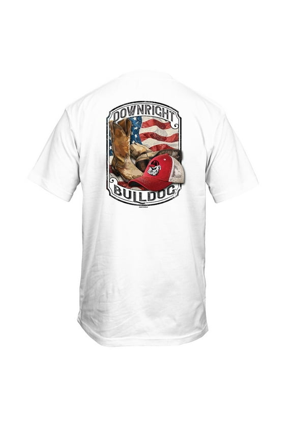 Mens Graphic T-Shirt - UGA Downright Bulldog American Flag, Boots, and Hat Design-White-large
