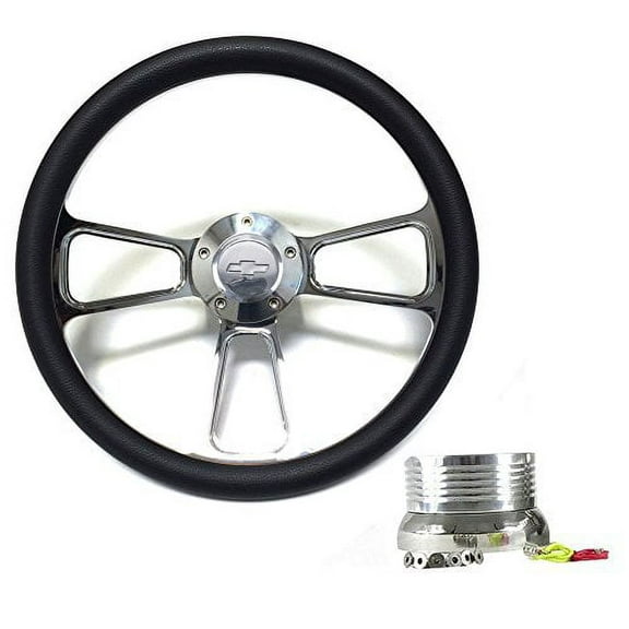 New World Motoring 1970 -1973 Chevy C10 Pick Up Truck 14" Black Steering Wheel, Chevy Horn, Adapter