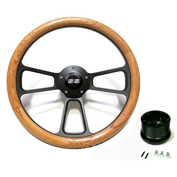 New World Motoring Nova Real Wood Steering Wheel w/ Black SS Horn & Matching Black Adapter 14"