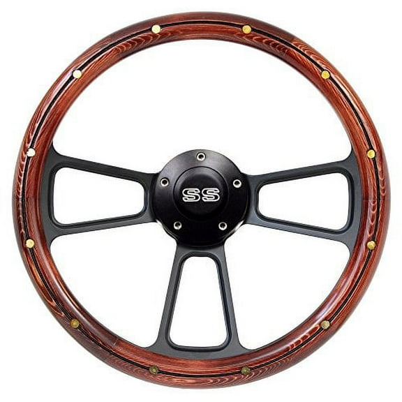 New World Motoring Nova "SS" Dark Pine Wood Steering Wheel w/ Black SS Horn & Black Adapter 14"