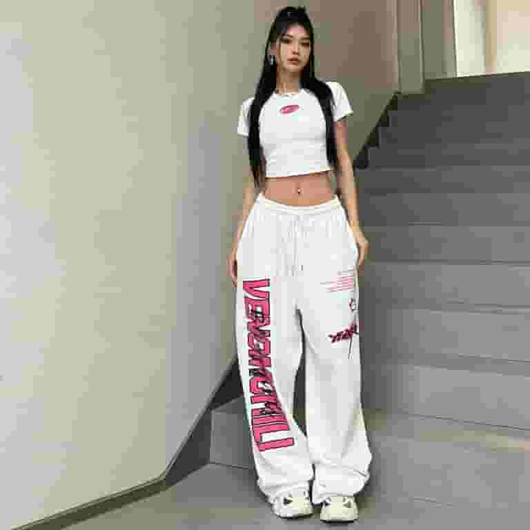 K❤︎ New Y2K Streetwear White Track Pants Women Harajuku Hippie