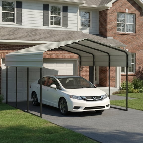 New Yard Carport 10 x 15 x 7 ft Eggshell Sturdy All-Steel Heavy Duty Canopy Shelter with Metal Frame for Parking a Car, SUV, Truck, Boat, Motorcycle, and Other Vehicles Outdoor in your Driveway