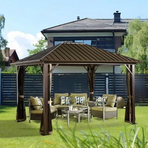 New Yard Galvanized Steel Hardtop Gazebo, Weather-Resistant Aluminum Frame Outdoor Shelter with Mesh Netting, Rustproof & UV Protection, Dark Brown (12' x 12')