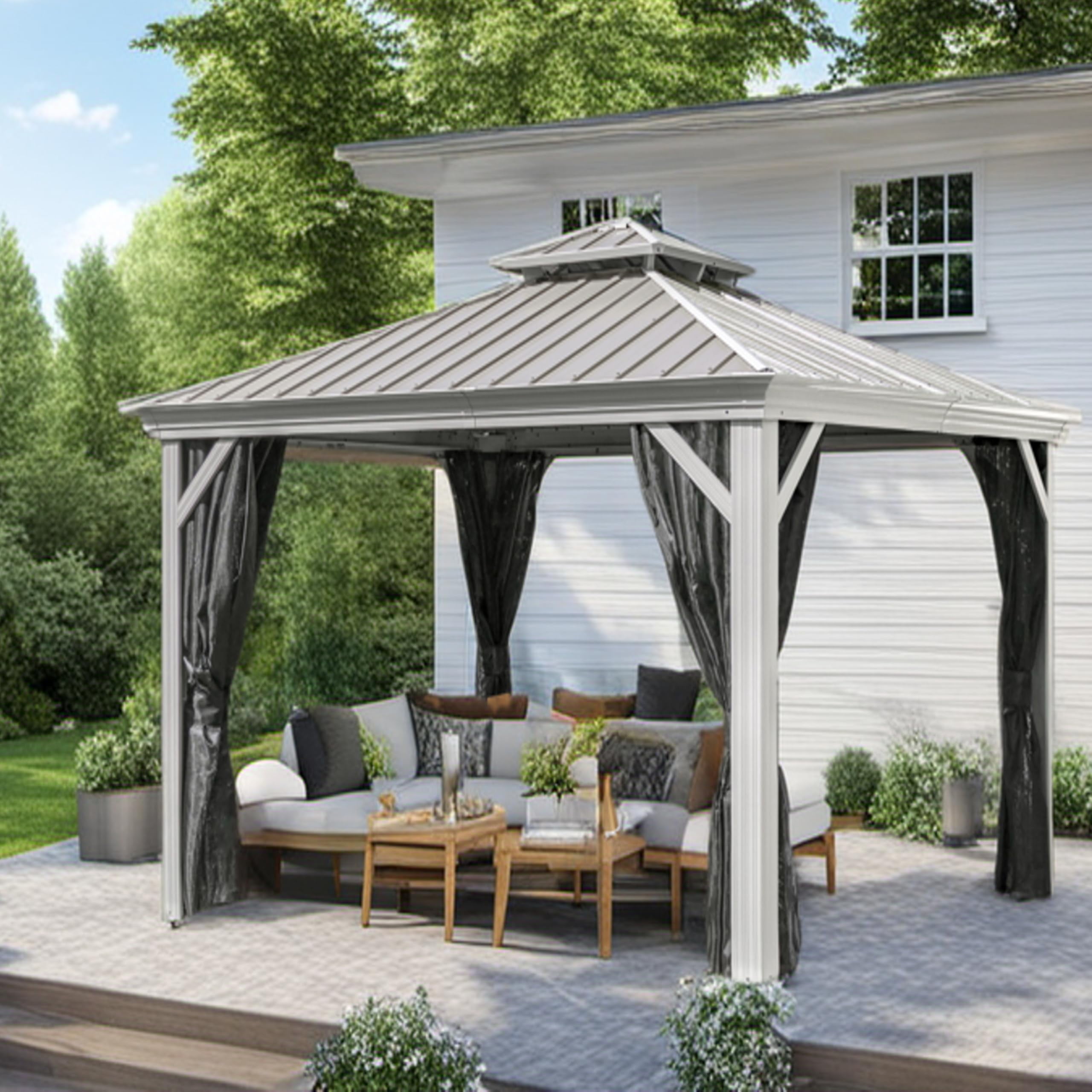 New Yard Hardtop Gazebo with Galvanized Steel Double Roof, Rustproof Aluminum Frame, Privacy Netting, and All-Weather Outdoor Shelter, Beige (10x10)